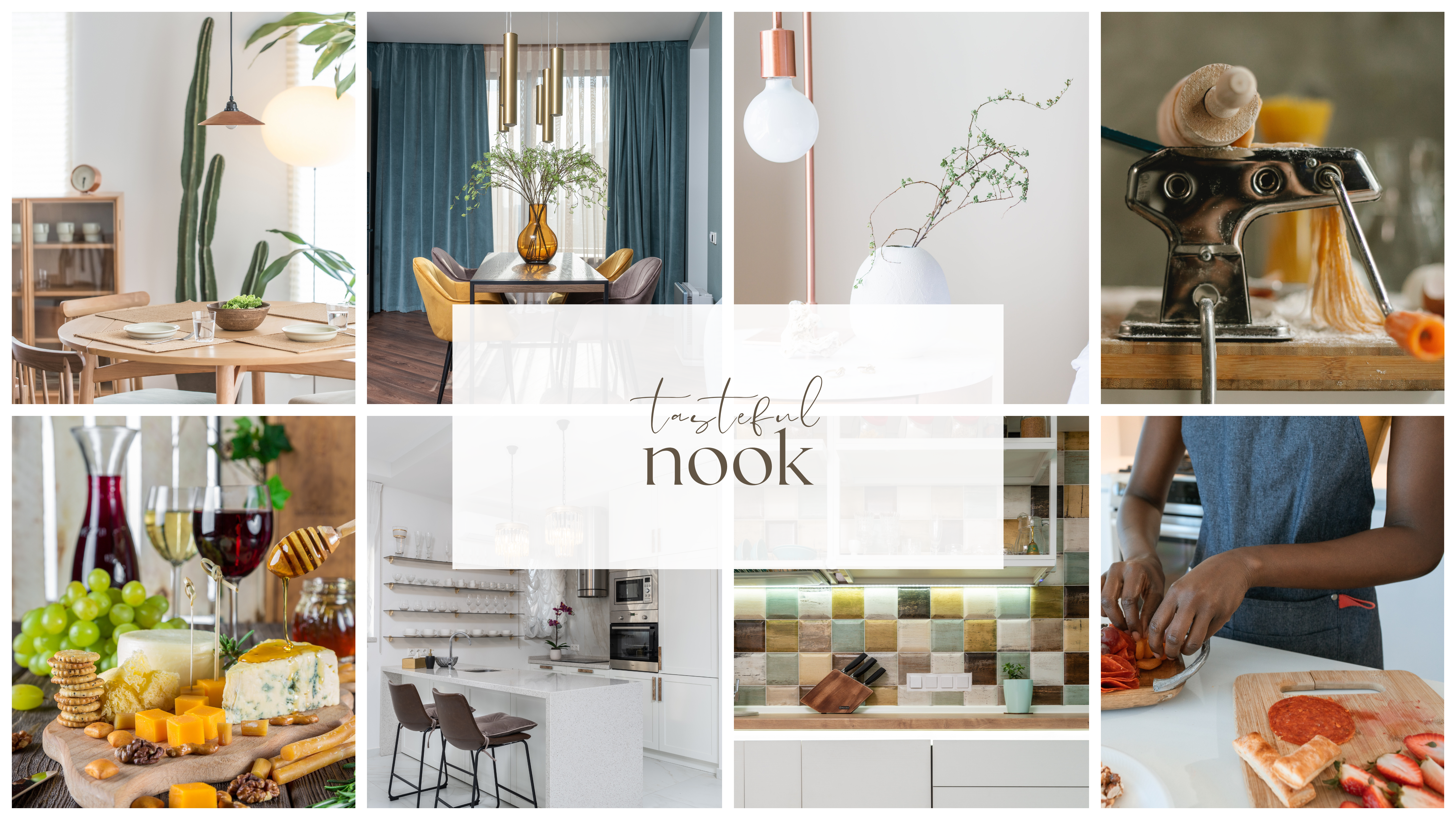 A coolage of attractive photos showing modern kitchen and home decor. Earth tones, deep blues and whites are featured.